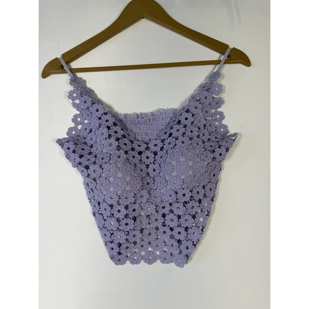 Lavender Floral Lace Crop Top Womens S Purple Smocked Back Romantic Cottagecore